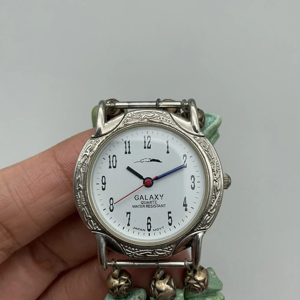 Galaxy Womens Watch 32mm Silver Tone Green Stone Beaded New Battery 7.25